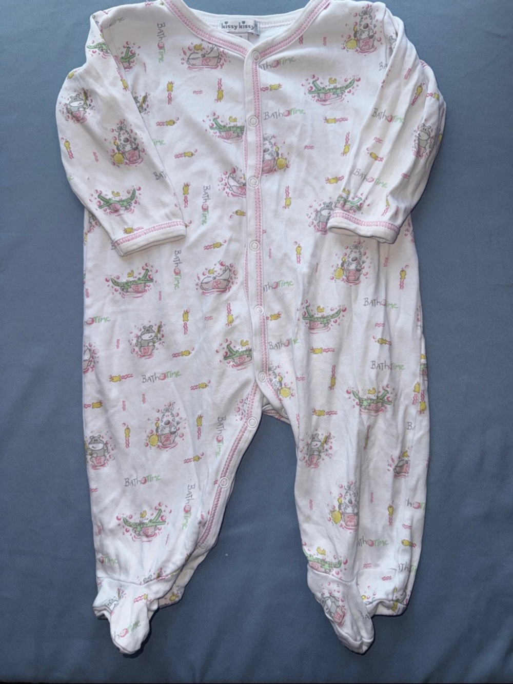 Kissy Kissy White and Pink Baby Footed One-Piece Sleeper with Bath Print